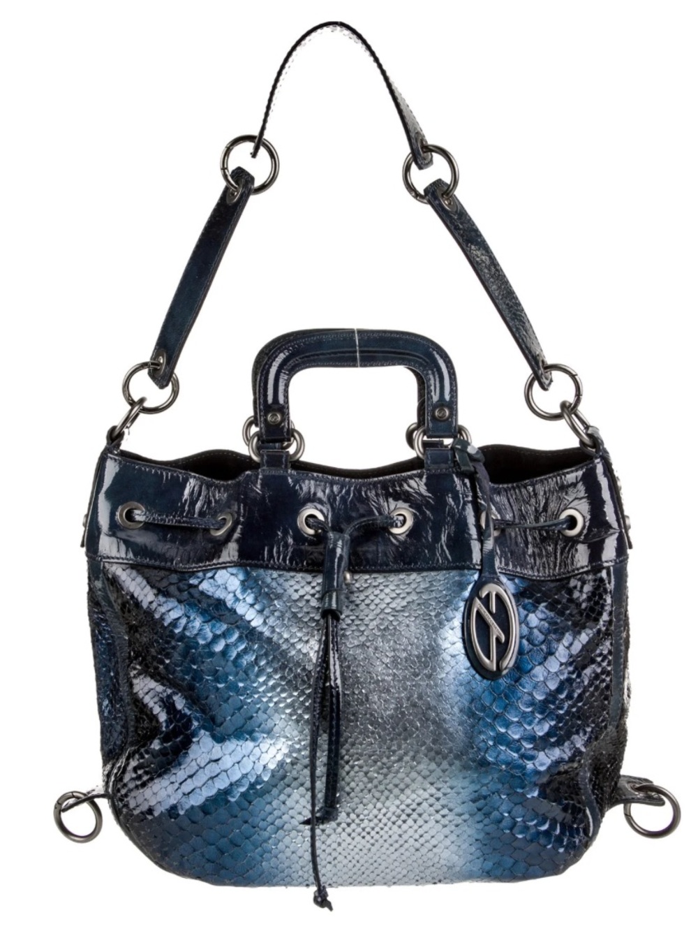 Vntg Francesco Biasia Metallic Blue Snakeskin Fish Scale Leather Satchel Bag Y2K